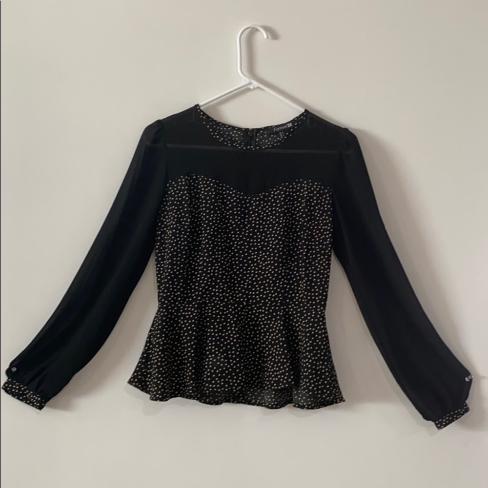 Black and beige polka dots long sleeve blouse